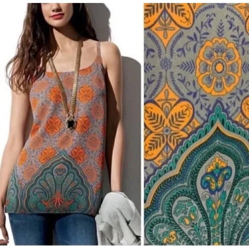 CABI Women's Arabesque Cami Blouse Top Tank Gray Orange Lined Medallion Sz S